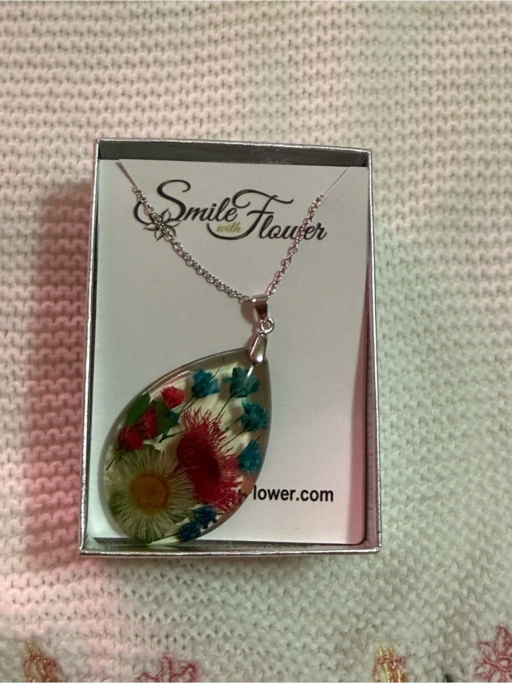 Teardrop Resin Pendant Necklace - Multicolor Floral silver S925